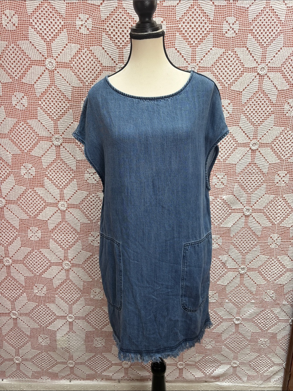 &Denim Frayed Hem Denim Shift Dress | Size 8